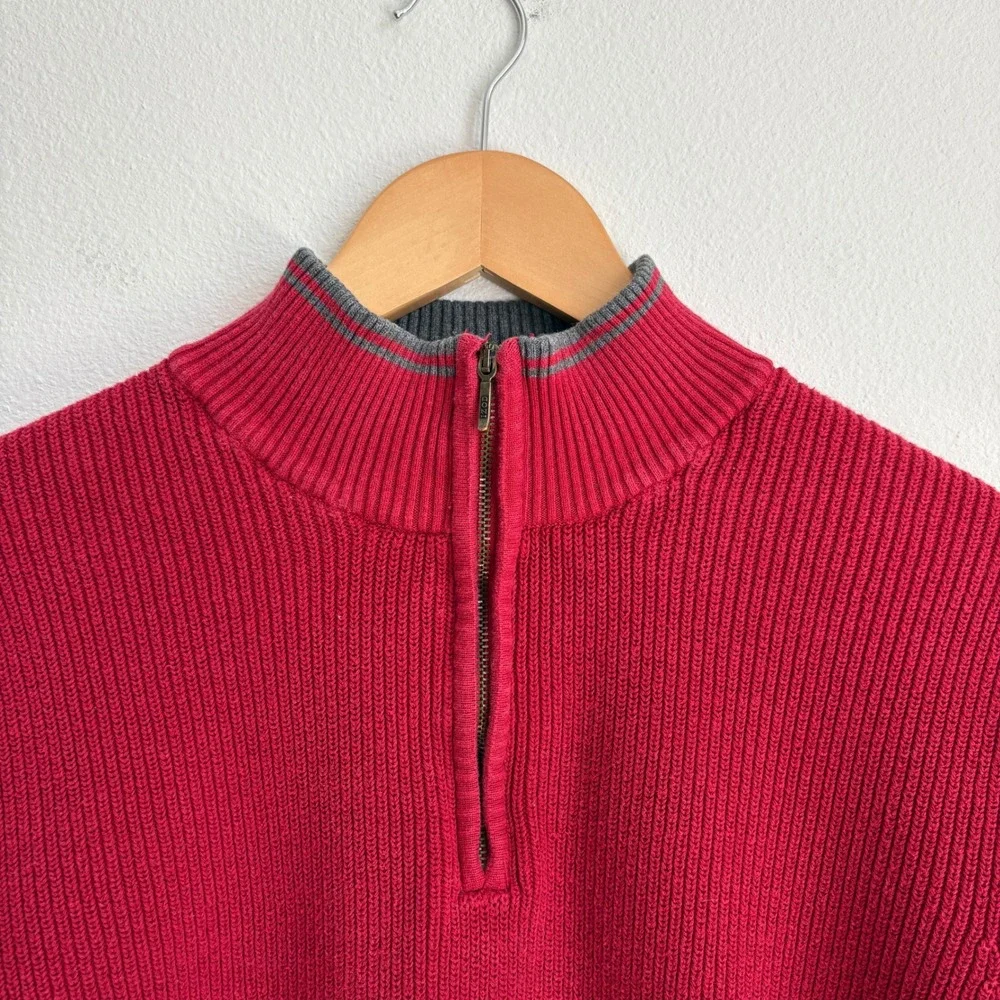 IZOD Mens Red Ribbed Quarter Zip Pullover Sweater Grey Trim Large L Classic